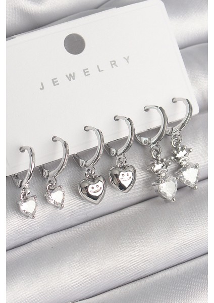 Pirinç Gümüş Renk Sallantı Zirkon Taşlı Kalp Model Taç Detay Kadın Küpe Seti - Lisinya