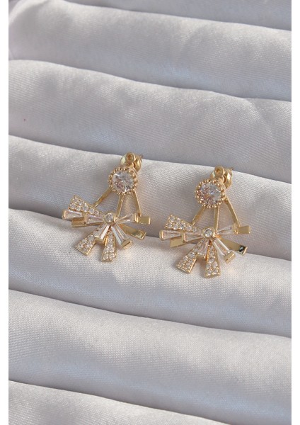 Pirinç Gold Renk Zirkon Taşlı Yassı Fiyonk Model Küpe - Lisinya