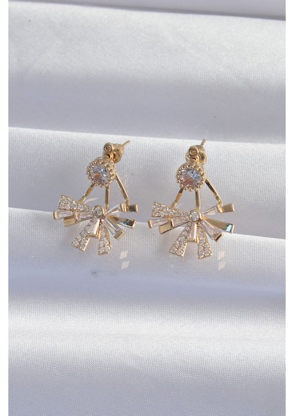 Pirinç Gold Renk Zirkon Taşlı Yassı Fiyonk Model Küpe - Lisinya fiyatları