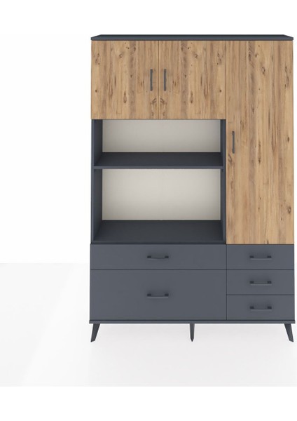 Arges Dolap 7 Raflı 5 Çekmeceli 3 Kapaklı 132X30X195 Antrasit-Çam/antrasit