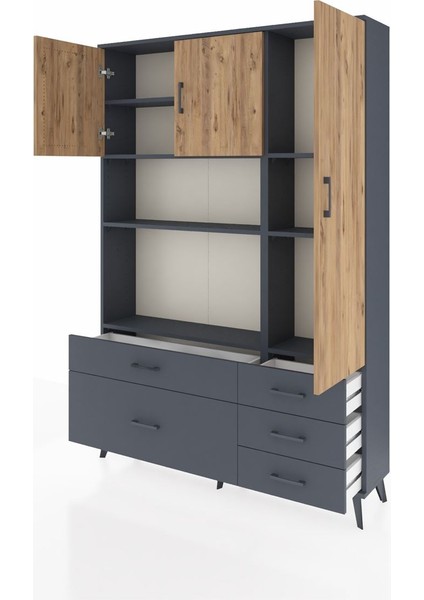 Arges Dolap 7 Raflı 5 Çekmeceli 3 Kapaklı 132X30X195 Antrasit-Çam/antrasit modelleri