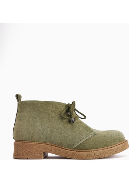 Henna Hakiki Deri Yeşil Süet Bağcıklı Kadın Bot