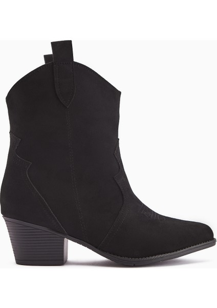 Joo Siyah Süet Sivri Burunlu Nakışlı Western Bot