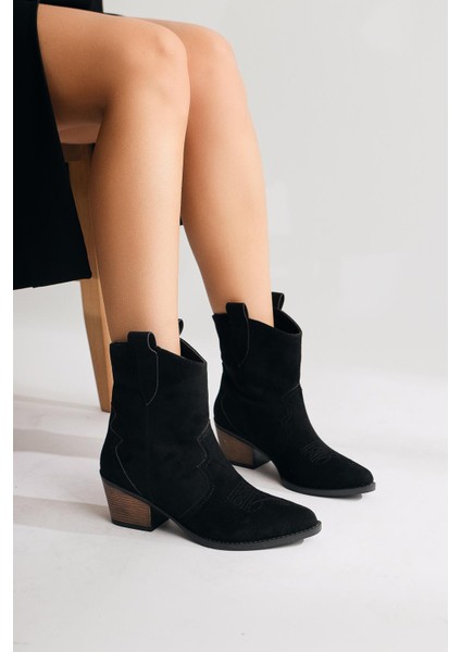 Joo Siyah Süet Sivri Burunlu Nakışlı Western Bot indirimleri