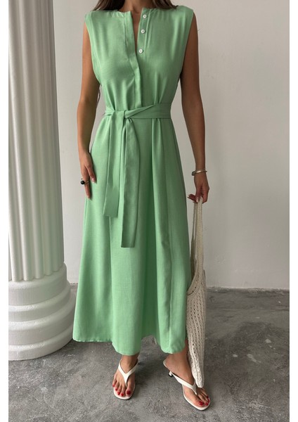 Keten Elbise Kolsuz Bel Bağlamalı Maxi Elbise - Yeşil fiyatları