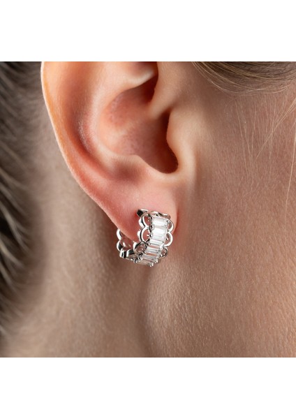 925 Ayar Gümüş Baget Taşlı Minimal Halka Küpe modelleri