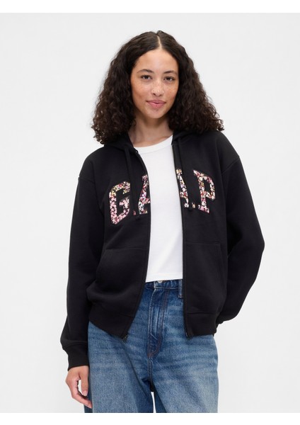 Kadın Siyah Baskılı Gap Logo Fleece Fermuarlı Sweatshirt