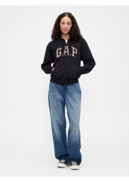 Kadın Siyah Baskılı Gap Logo Fleece Fermuarlı Sweatshirt fırsatları