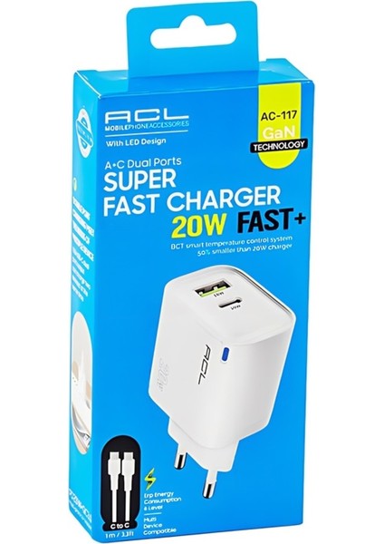 AC-117 20W 3.0 Hızlı Şarj Çift Portlu Gan, Şarj Aleti