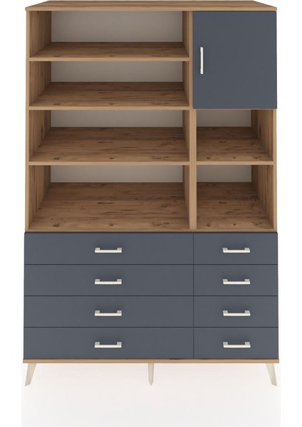 Kronos Dolap 8 Raflı 8 Çekmeceli Tek Kapaklı 132X59X195 Çam-Antrasit/antrasit