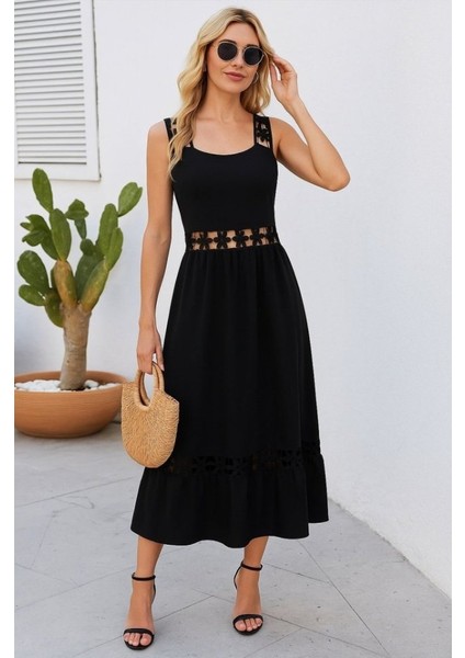 Kadın Askılı Dantel Detaylı Kiloş Janjan Krep Elbise