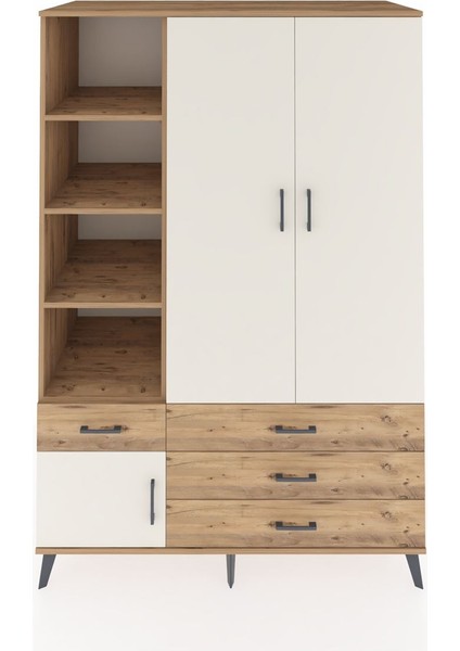 Kronos Dolap 5 Raflı 4 Çekmeceli Tek Askılı 132X59X195 Çam-Aytaşı/çam