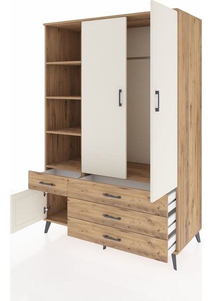 Kronos Dolap 5 Raflı 4 Çekmeceli Tek Askılı 132X59X195 Çam-Aytaşı/çam modelleri