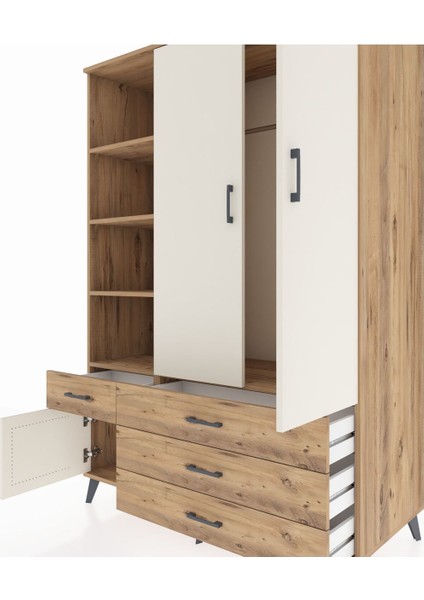 Kronos Dolap 5 Raflı 4 Çekmeceli Tek Askılı 132X59X195 Çam-Aytaşı/çam fırsatları