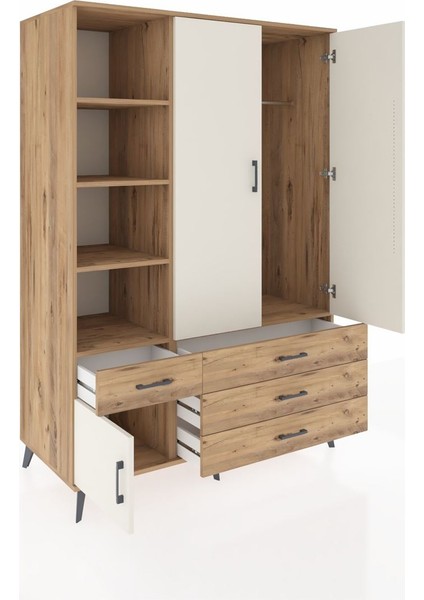 Kronos Dolap 5 Raflı 4 Çekmeceli Tek Askılı 132X59X195 Çam-Aytaşı/çam indirimleri