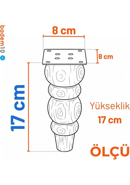 Bohem 17 cm 4'lü Set Boyasız Ham Doğal Ahşap Ayak Silindir Mobilya Koltuk Kanepe Ayağı Aparat Dahil fırsatları