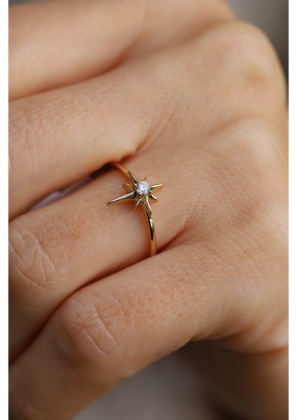 14 Ayar Altın Tek Taş Detaylı Kutup Yıldızı Yüzük modelleri