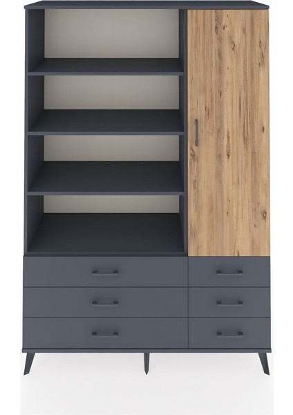 Hyperion Dolap 8 Raflı 6 Çekmeceli Tek Kapaklı 132X44X195 Antrasit-Çam/antrasit