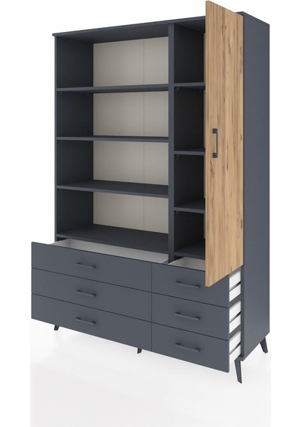 Hyperion Dolap 8 Raflı 6 Çekmeceli Tek Kapaklı 132X44X195 Antrasit-Çam/antrasit modelleri