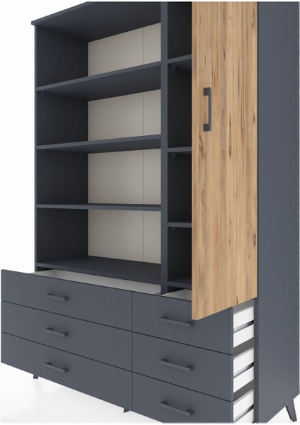 Hyperion Dolap 8 Raflı 6 Çekmeceli Tek Kapaklı 132X44X195 Antrasit-Çam/antrasit fırsatları