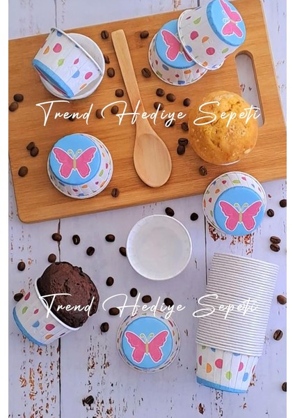 Hediye Sepeti Beyaz Kelebek Desenli Renkli Muffin Kalıbı Kek Kapsülü 50'li