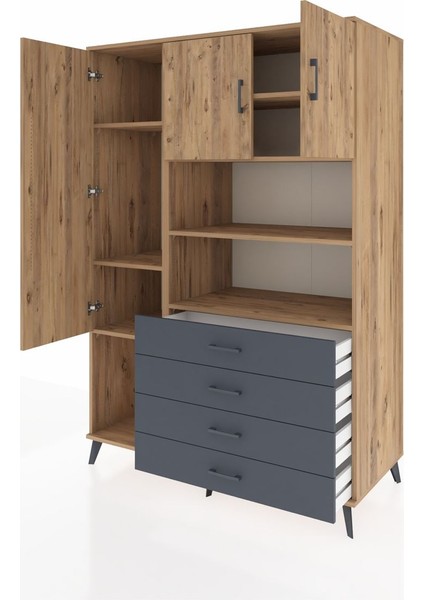 Kronos Dolap 7 Raflı 4 Çekmeceli 3 Kapaklı 132X59X195 Çam-Çam/antrasit modelleri