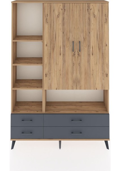 Arges Dolap 8 Raflı 4 Çekmeceli 2 Kapaklı 132X30X195 Çam-Çam/antrasit