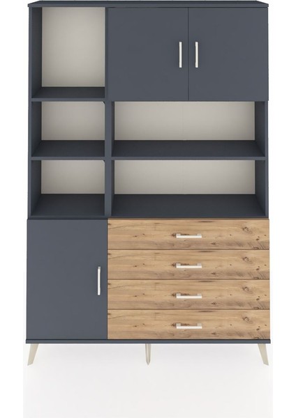 Arges Dolap 8 Raflı 4 Çekmeceli 3 Kapaklı 132X30X195 Antrasit-Antrasit/çam