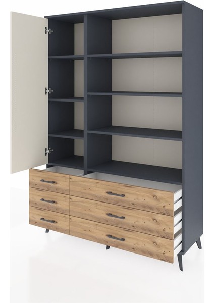 Hyperion Dolap 8 Raflı 6 Çekmeceli Tek Kapaklı 132X44X195 Antrasit-Aytaşı/çam modelleri