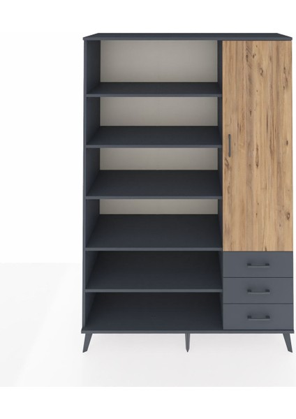 Hyperion Dolap 9 Raflı 3 Çekmeceli Tek Kapaklı 132X44X195 Antrasit-Çam/antrasit
