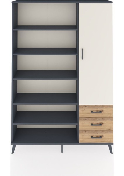 Arges Dolap 9 Raflı 3 Çekmeceli Tek Kapaklı 132X30X195 Antrasit-Aytaşı/çam