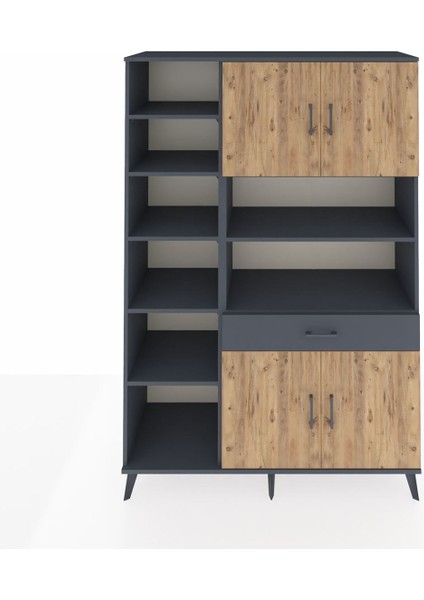 Hyperion Dolap 10 Raflı Tek Çekmeceli 4 Kapaklı 132X44X195 Antrasit-Çam/antrasit