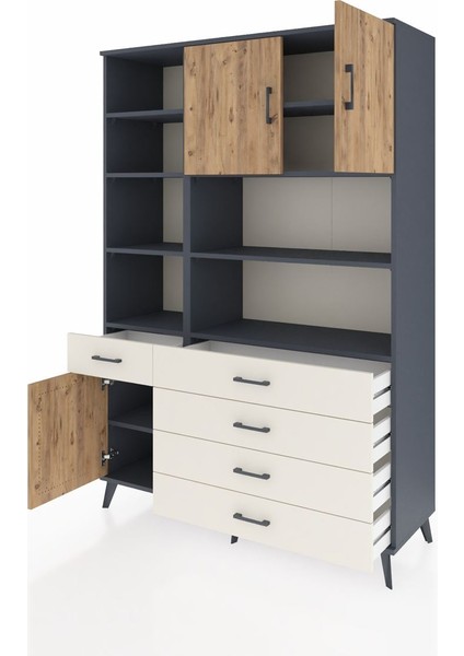Hyperion Dolap 9 Raflı 5 Çekmeceli 3 Kapaklı 132X44X195 Antrasit-Çam/aytaşı modelleri