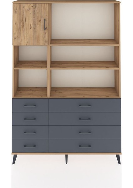 Arges Dolap 7 Raflı 8 Çekmeceli Tek Kapaklı 132X30X195 Çam-Çam/antrasit