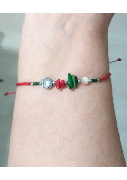 Yılbaşı Kartlı Mercan Sedef ve Deniz Kabuğu Şeklinde Hematit Doğaltaşlı Miyuki Bileklik