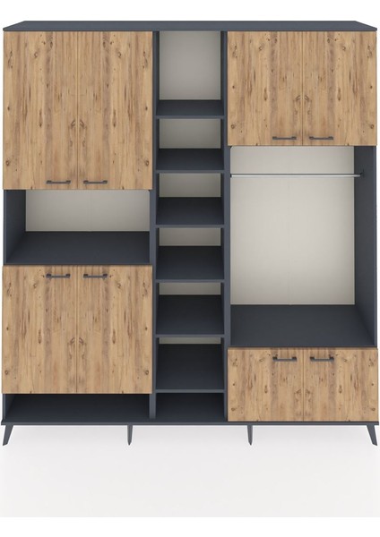 Hyperion Dolap 18 Raflı 8 Kapaklı Tek Askılı 220X44X243 Antrasit-Çam/antrasit