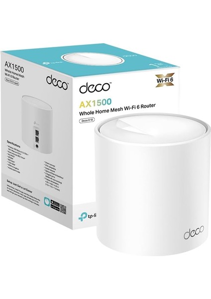 Deco X10 1-Pack, AX1500 Mbps, 190 M²'ye Kadar Kapsama Alanı, 120 Cihaza Kadar Bağlantı, Gigabit Portlu, Mobil Uygulama ile Kolay Kurulum,yapay Zeka Destekli Wi-Fi 6 Mesh Sistemi