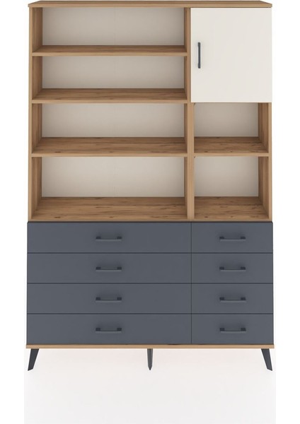Arges Dolap 8 Raflı 8 Çekmeceli Tek Kapaklı 132X30X195 Çam-Aytaşı/antrasit
