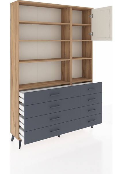 Arges Dolap 8 Raflı 8 Çekmeceli Tek Kapaklı 132X30X195 Çam-Aytaşı/antrasit indirimleri