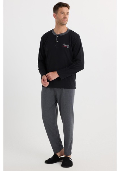 Erkek Regular Fit Pamuklu Düğmeli Yaka Beli Lastikli Desenli Gri Pijama Takımı