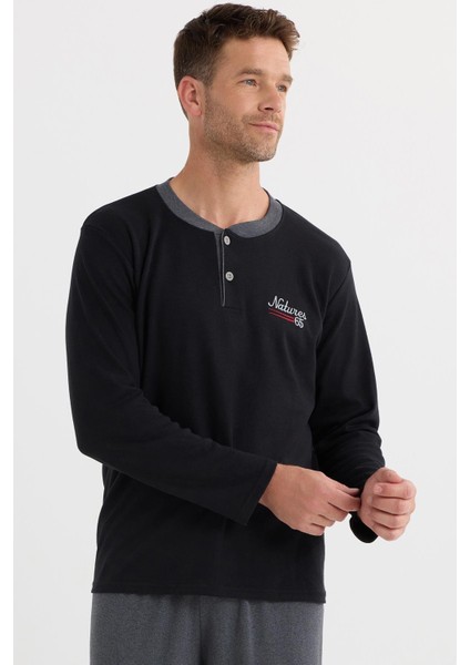 Erkek Regular Fit Pamuklu Düğmeli Yaka Beli Lastikli Desenli Gri Pijama Takımı fiyatları