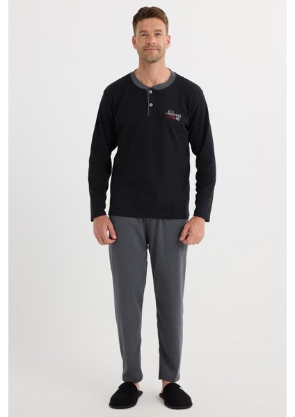 Erkek Regular Fit Pamuklu Düğmeli Yaka Beli Lastikli Desenli Gri Pijama Takımı fırsatları
