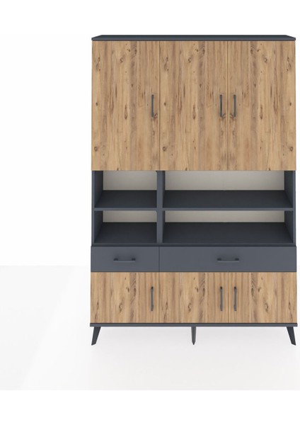 Arges Dolap 8 Raflı 2 Çekmeceli 6 Kapaklı 132X30X195 Antrasit-Çam/antrasit