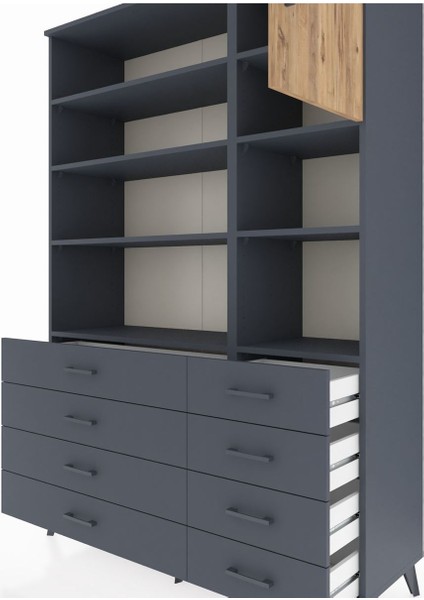 Hyperion Dolap 8 Raflı 8 Çekmeceli Tek Kapaklı 132X44X195 Antrasit-Çam/antrasit fırsatları