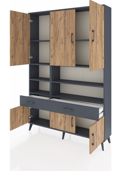 Arges Dolap 8 Raflı 2 Çekmeceli 6 Kapaklı 132X30X195 Antrasit-Çam/antrasit modelleri