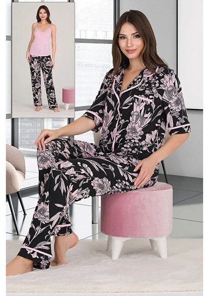 Lady Çiçek Baskılı Viskon Kumaş Kısa Kollu Gömlekli ve Askılı 3 Lü Pijama Takımı