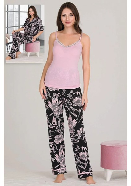 Lady Çiçek Baskılı Viskon Kumaş Kısa Kollu Gömlekli ve Askılı 3 Lü Pijama Takımı fiyatları