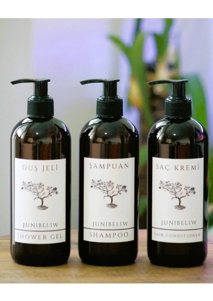 3lü Set Amber Plastik Pet Şişe Boş Mika Saç Kremi Şampuan Duş Jeli Şişesi 3X400ML