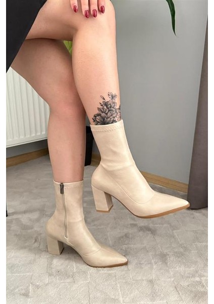 Kadın Volga Bej Fermuarlı 8 cm Kalın Topuklu Strec Bot modelleri