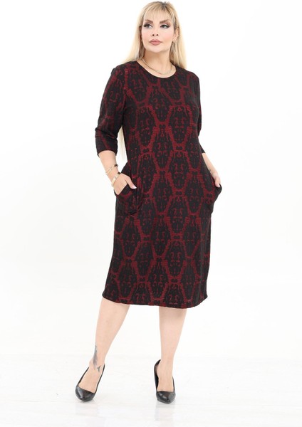 Çift Cepli Desenli Esnek Kışlık Büyük Beden Midi Elbise 9E-2721